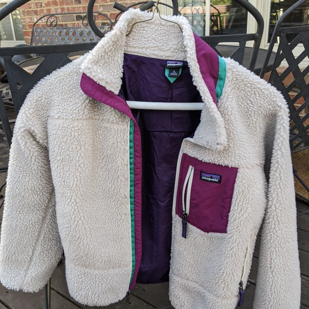 Patagonia Zip Fleece - White & Pink - Girls S 7-8